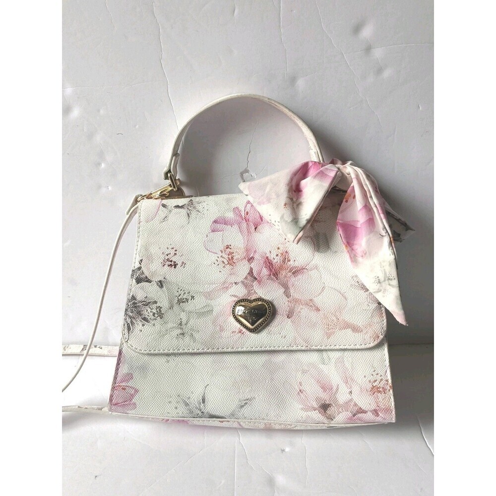 Betsey Johnson Floral Satchel Handbag White Rose Print Purse Heart Logo Scarf
